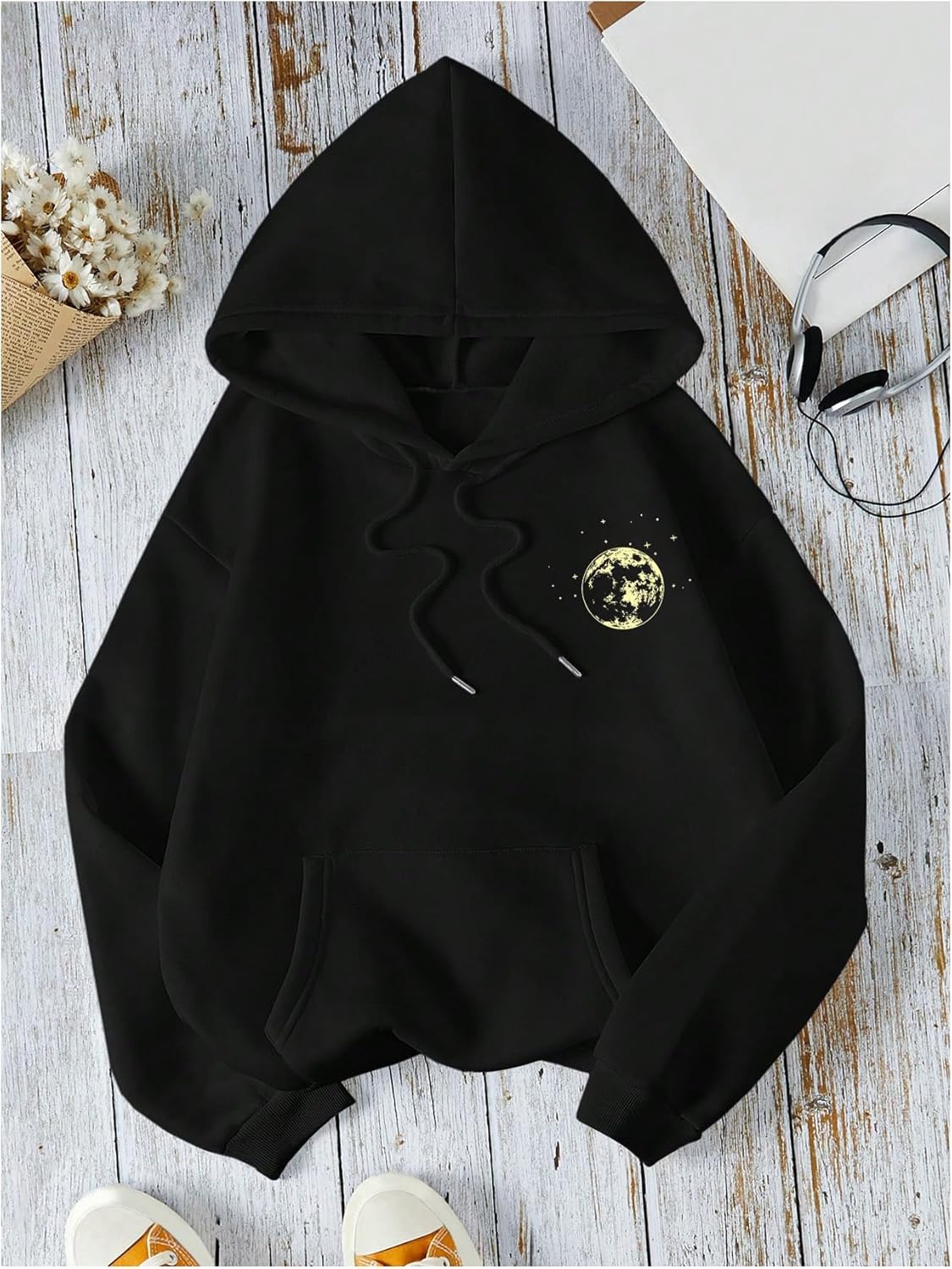 Women's Graphic Hoodies Drawstring Long Sleeve Moon Print Sweatshirt Pullover Fall Tops