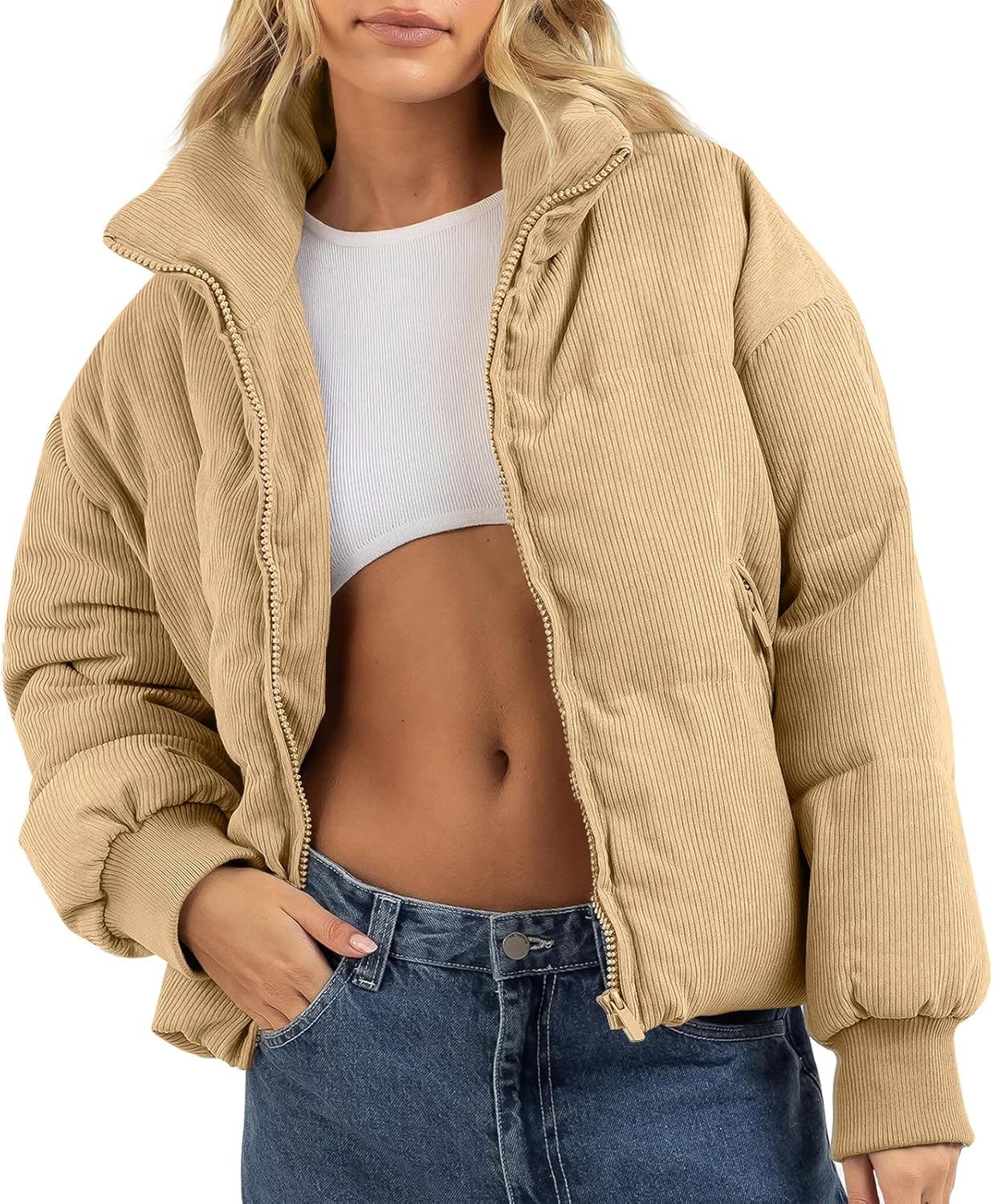 Women Corduroy Quilted Puffer Jackets Long Sleeve Zip Up Stand Winter Down Coat with Pockets
