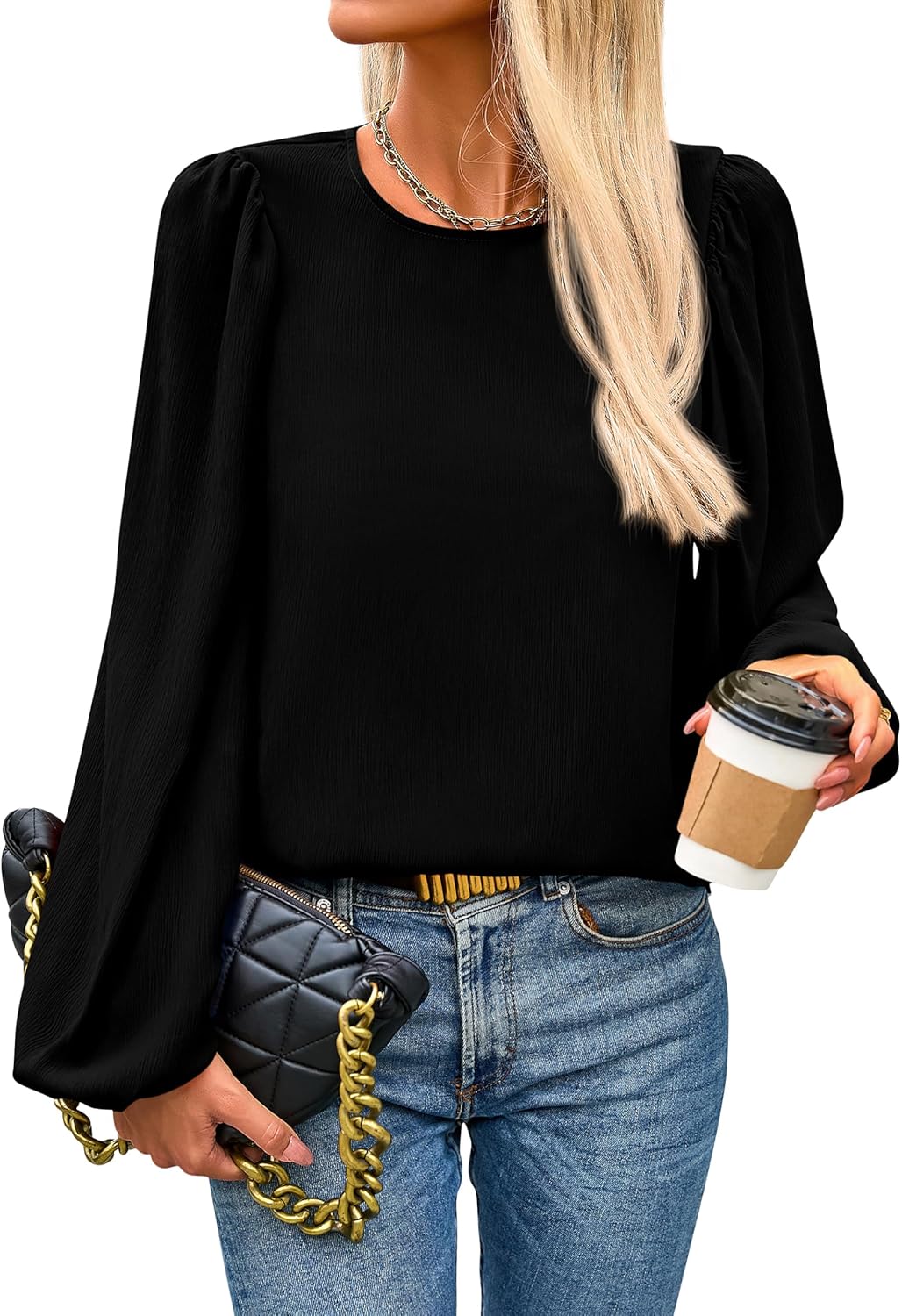 Womens Tops  Spring Puff Long Sleeve Chiffon Work Blouses Dressy Casual Crewneck Flowy Shirts Fall Outfits