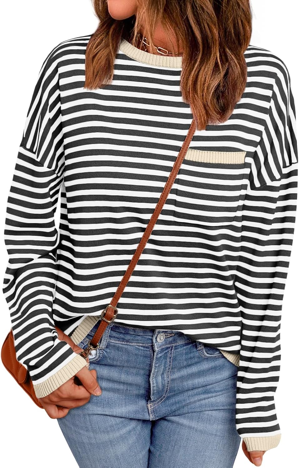 Womens Striped Soft Knit Pullover Sweater Loose Fit Shirts with Chest Pocket