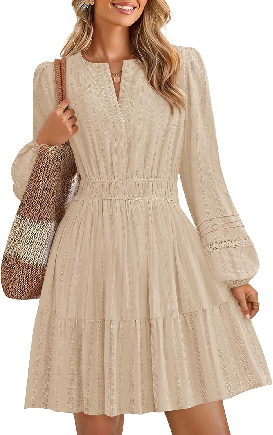 Long Sleeve V Neck Mini Dresses for Women  Fall High Waist Ruffle Pleated A Line Cocktail Party Short Dress