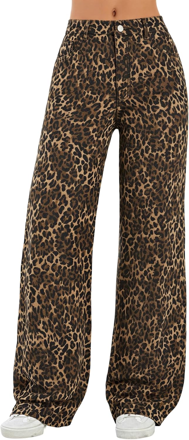 Women's  Wide Leg Jeans Distress Mid Waist Denim Pants Vintage Y2K Trousers