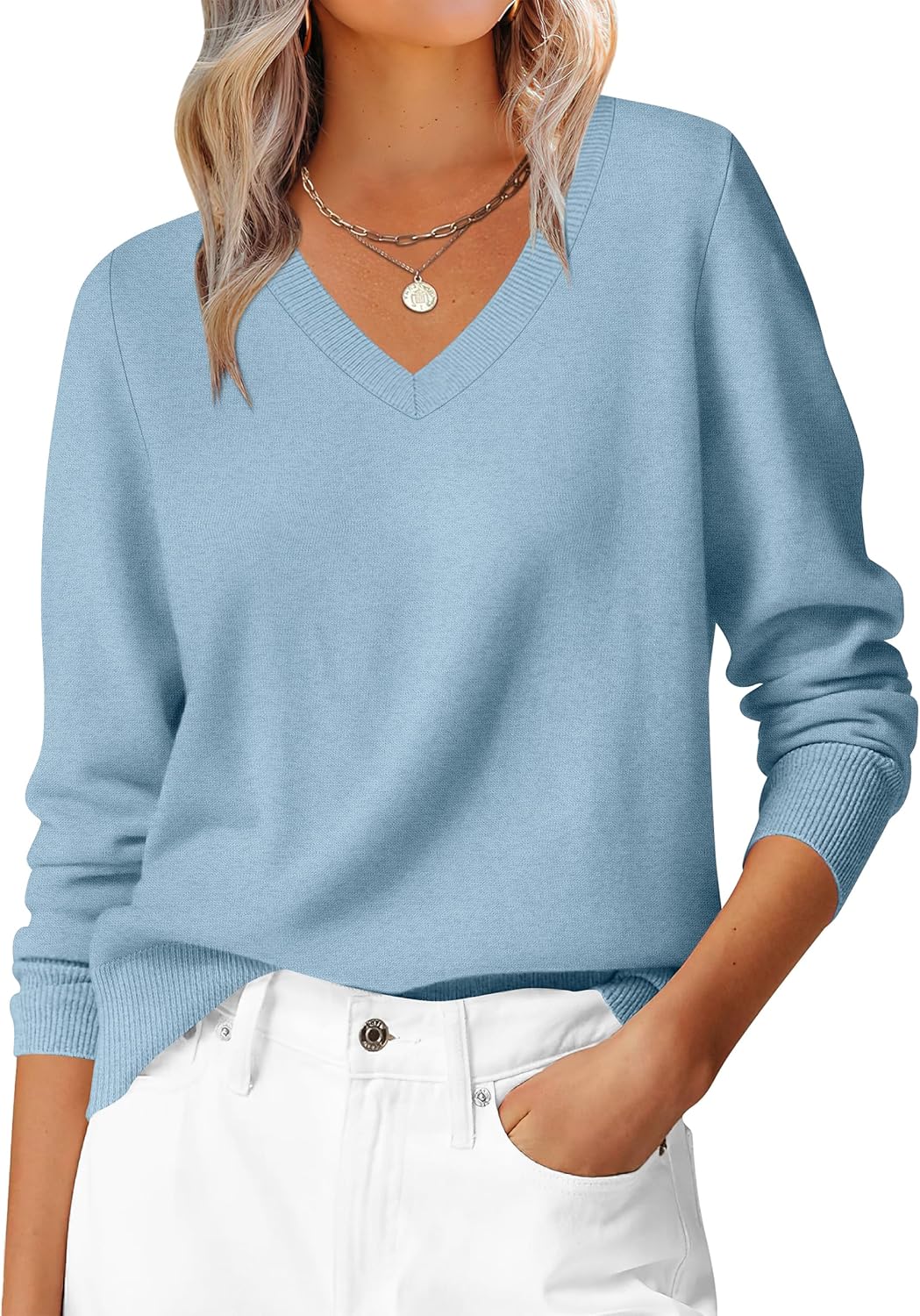 Womens Long Sleeve V Neck Sweaters  Fall Casual Classic Soft Loose Fit Basic Pullover Jumper Top